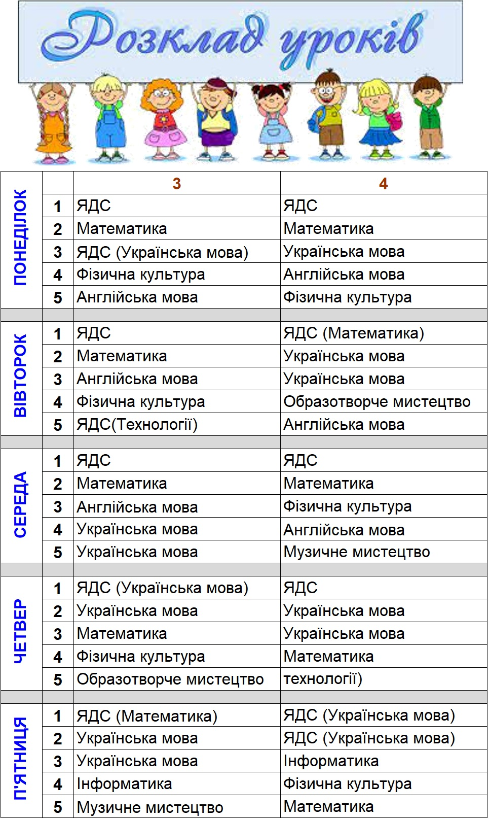 Розклад уроків для початкової ланки на ІІ семестр 2024-2025 навчальний рік